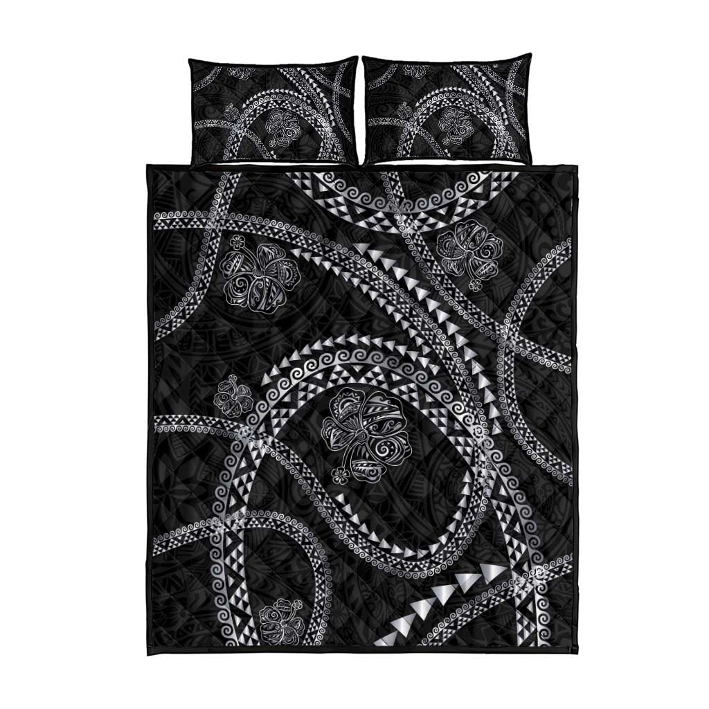 Hawaiian Kakau Art and Hisbiscus Tattoo Quilt Bed Set Tribal Pattern-Silver Style - Polynesian Pride