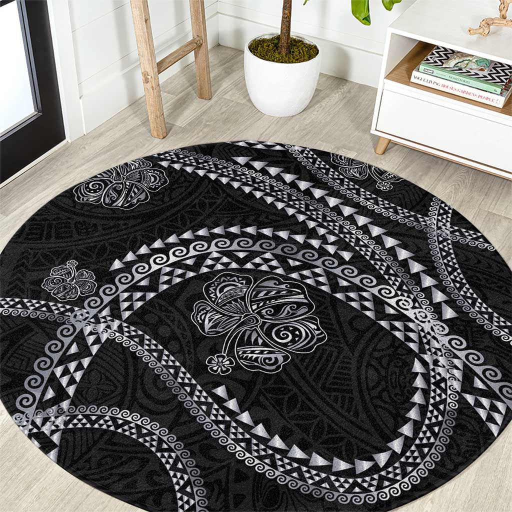 Hawaiian Kakau Art and Hisbiscus Tattoo Round Carpet Tribal Pattern-Silver Style - Polynesian Pride