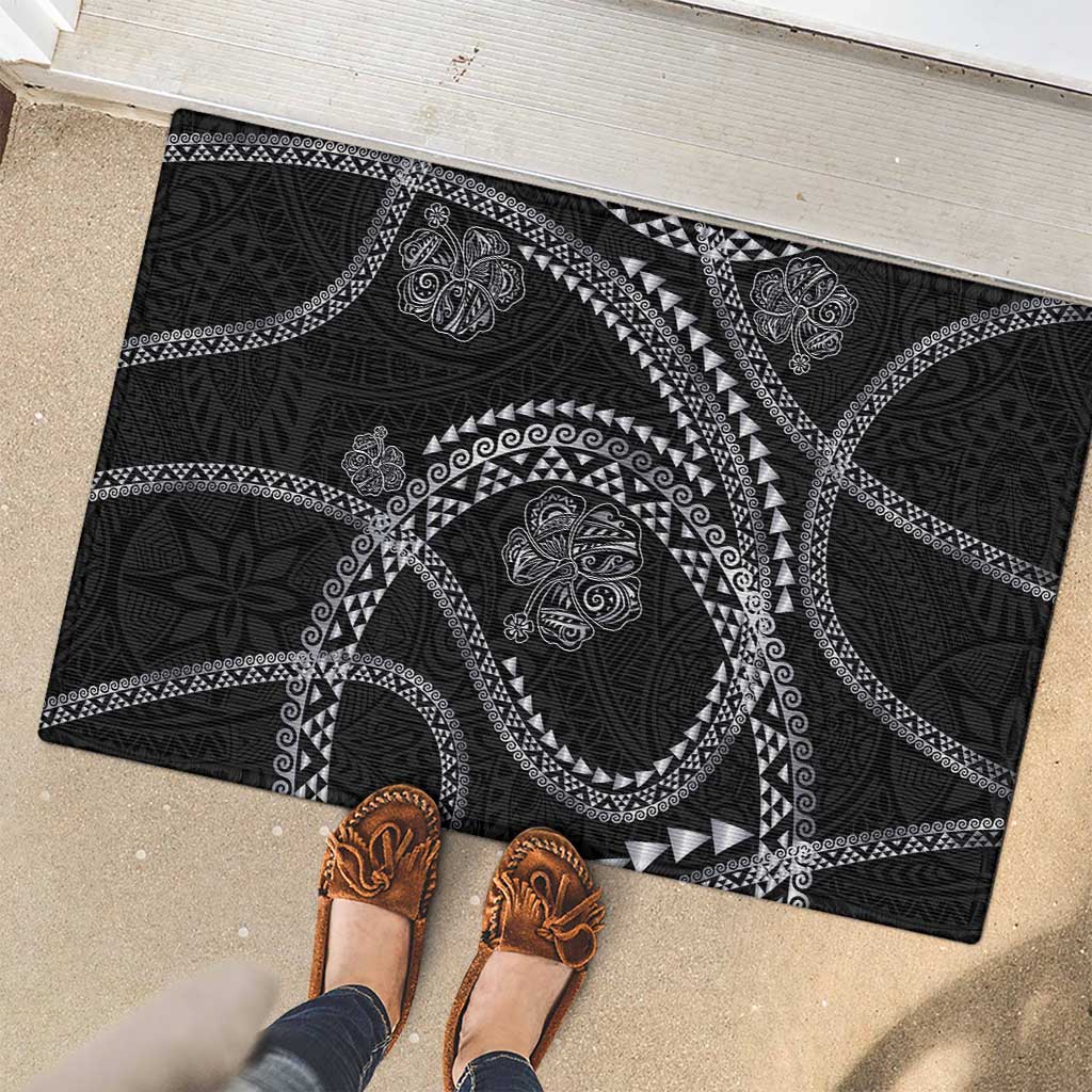 Hawaiian Kakau Art and Hisbiscus Tattoo Rubber Doormat Tribal Pattern-Silver Style - Polynesian Pride