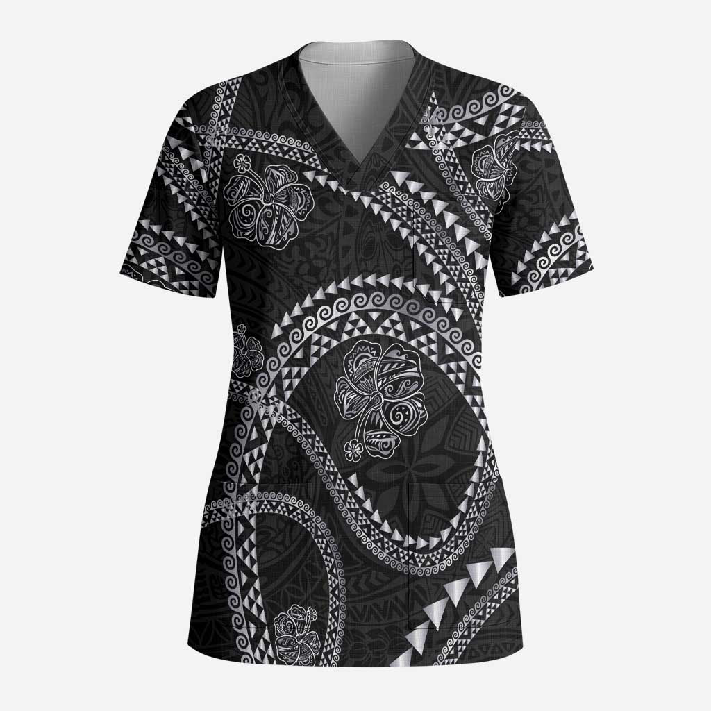Hawaiian Kakau Art and Hisbiscus Tattoo Scrub Top Tribal Pattern-Silver Style - Polynesian Pride