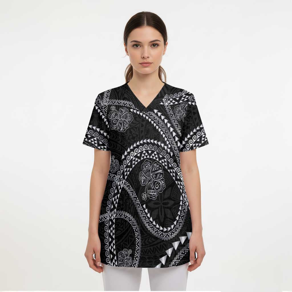 Hawaiian Kakau Art and Hisbiscus Tattoo Scrub Top Tribal Pattern-Silver Style - Polynesian Pride