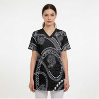 Hawaiian Kakau Art and Hisbiscus Tattoo Scrub Top Tribal Pattern-Silver Style - Polynesian Pride