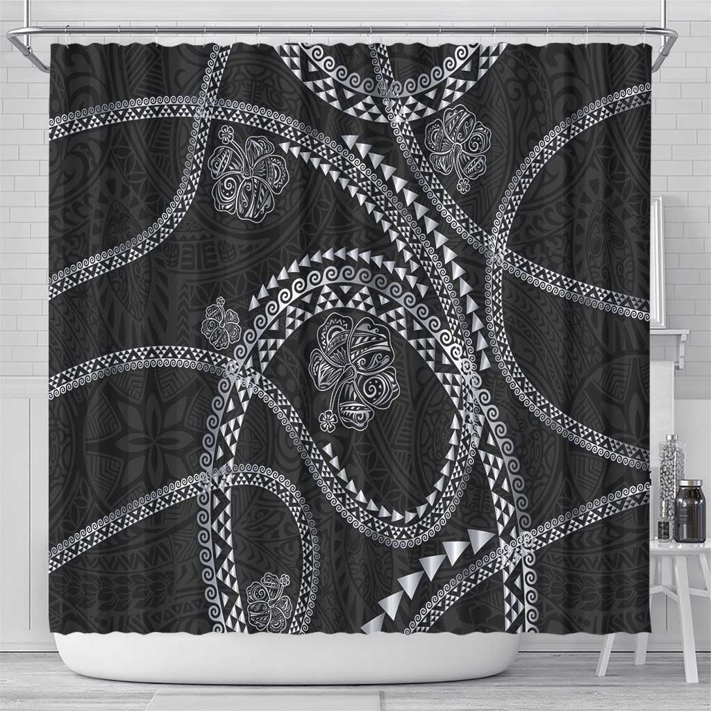 Hawaiian Kakau Art and Hisbiscus Tattoo Shower Curtain Tribal Pattern-Silver Style - Polynesian Pride