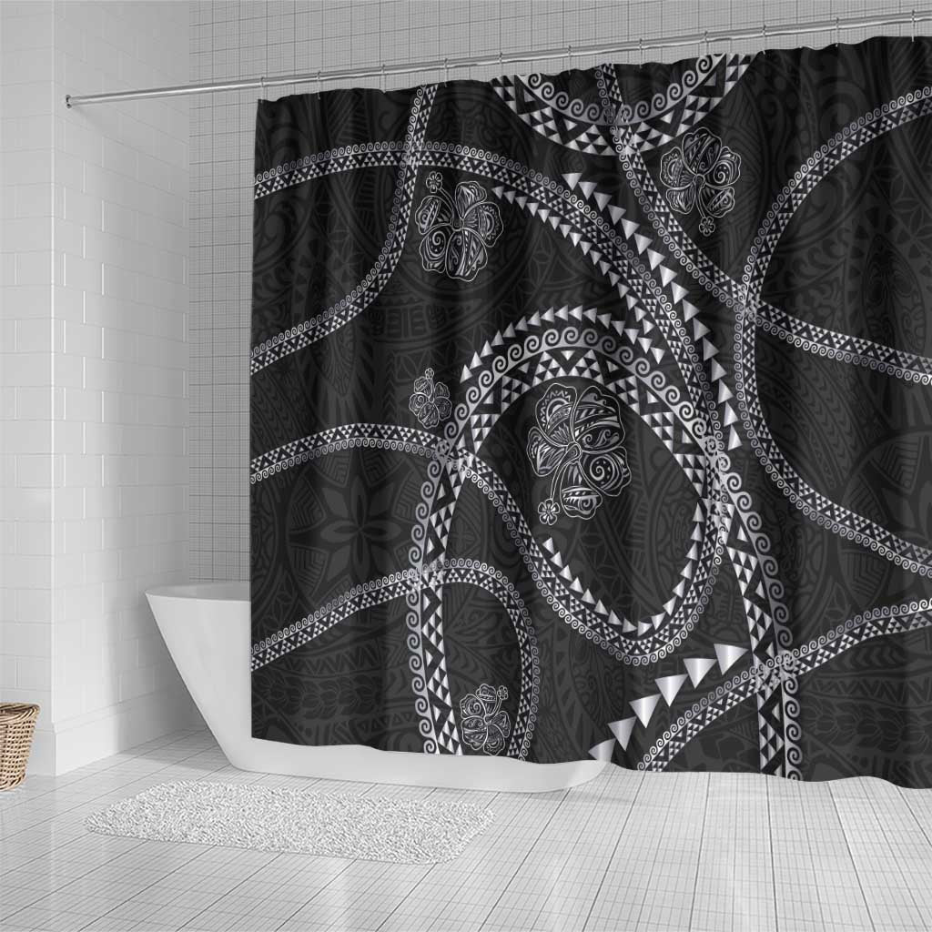 Hawaiian Kakau Art and Hisbiscus Tattoo Shower Curtain Tribal Pattern-Silver Style - Polynesian Pride
