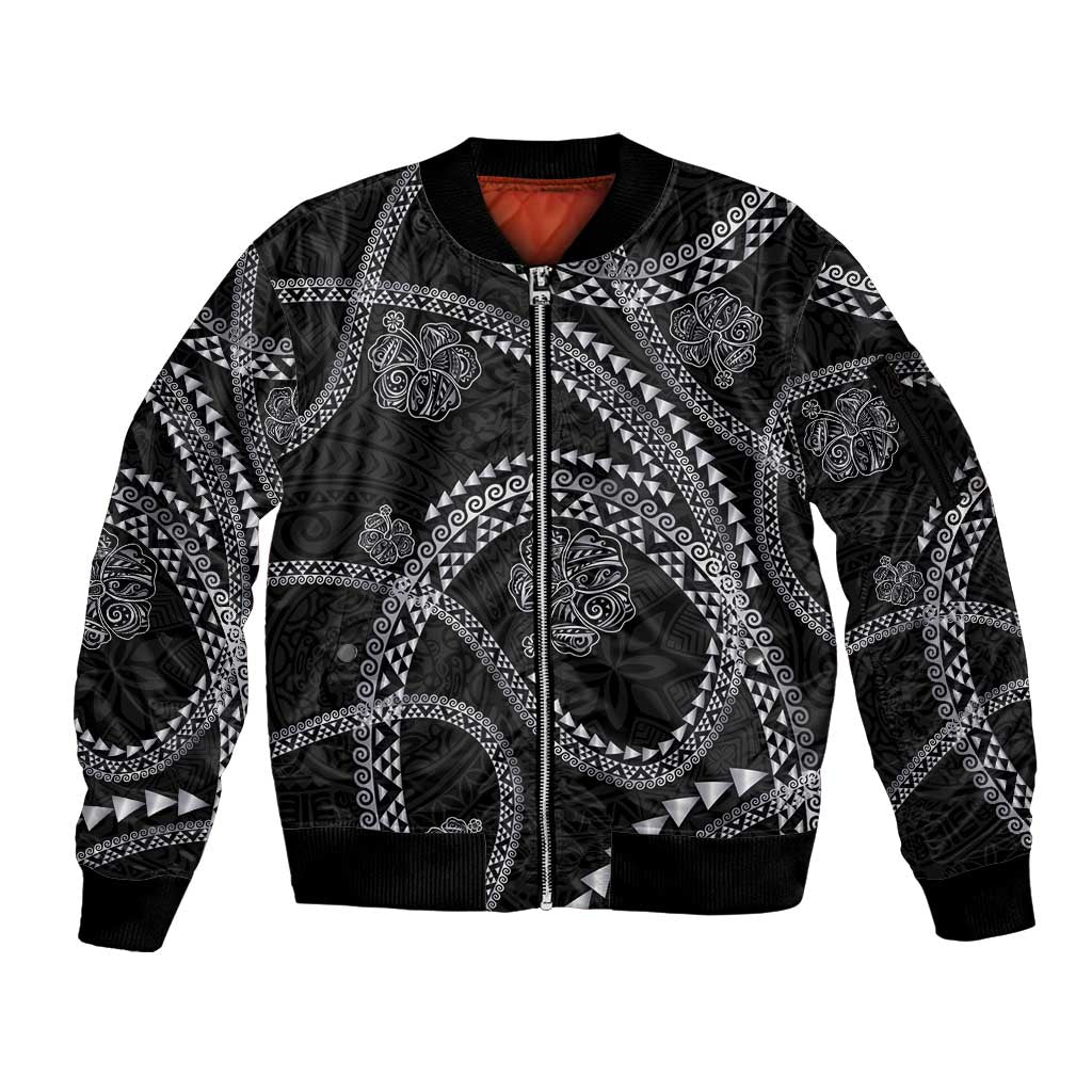 Hawaiian Kakau Art and Hisbiscus Tattoo Sleeve Zip Bomber Jacket Tribal Pattern-Silver Style - Polynesian Pride