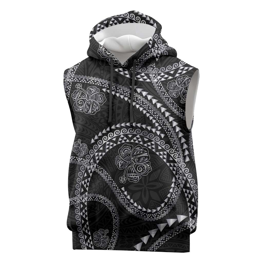 Hawaiian Kakau Art and Hisbiscus Tattoo Sleeveless Hoodie Tribal Pattern-Silver Style - Polynesian Pride