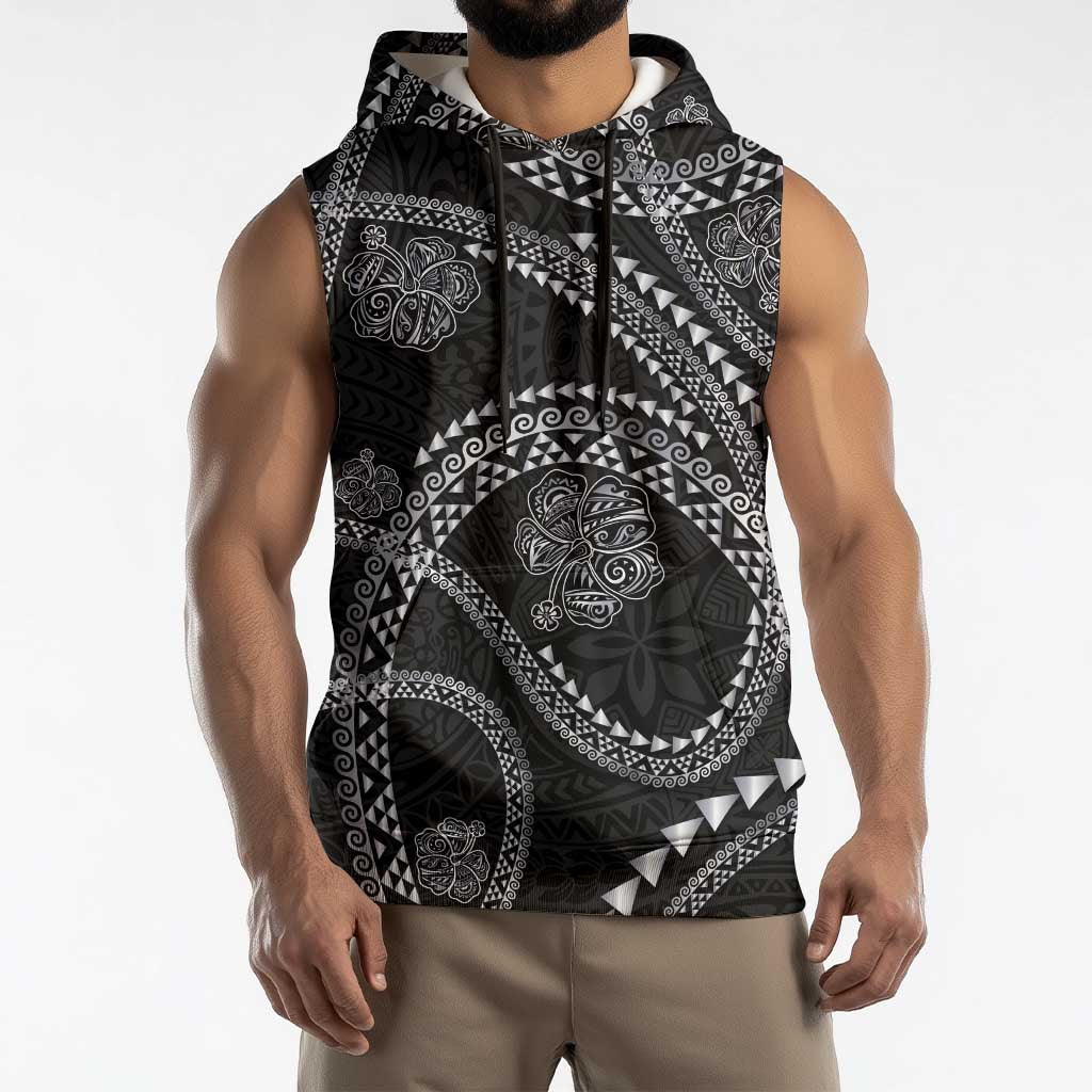 Hawaiian Kakau Art and Hisbiscus Tattoo Sleeveless Hoodie Tribal Pattern-Silver Style - Polynesian Pride