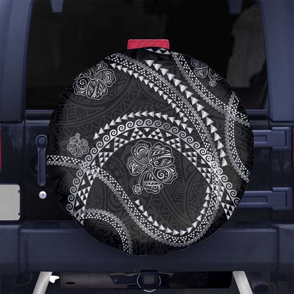 Hawaiian Kakau Art and Hisbiscus Tattoo Spare Tire Cover Tribal Pattern-Silver Style - Polynesian Pride
