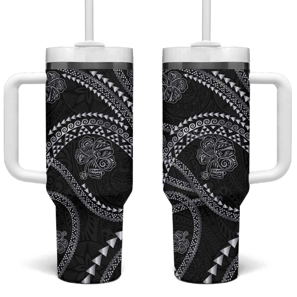 Hawaiian Kakau Art and Hisbiscus Tattoo Tumbler With Handle Tribal Pattern-Silver Style - Polynesian Pride