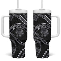 Hawaiian Kakau Art and Hisbiscus Tattoo Tumbler With Handle Tribal Pattern-Silver Style - Polynesian Pride
