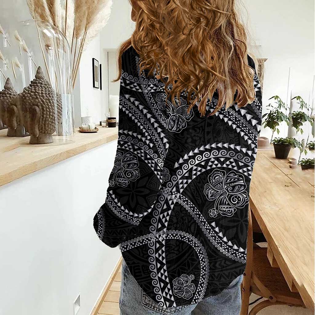 Hawaiian Kakau Art and Hisbiscus Tattoo Women Casual Shirt Tribal Pattern-Silver Style - Polynesian Pride