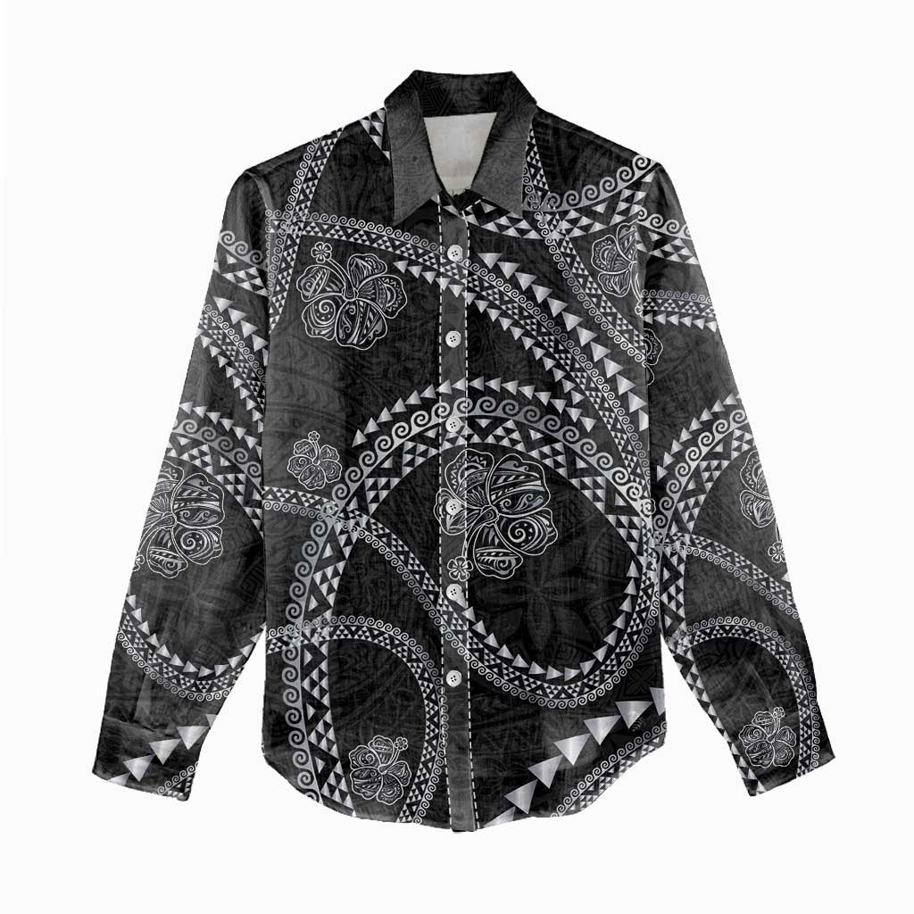 Hawaiian Kakau Art and Hisbiscus Tattoo Women Casual Shirt Tribal Pattern-Silver Style - Polynesian Pride