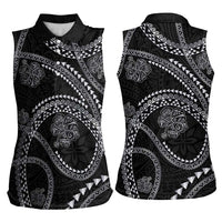 Hawaiian Kakau Art and Hisbiscus Tattoo Women Sleeveless Polo Shirt Tribal Pattern-Silver Style - Polynesian Pride