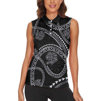 Hawaiian Kakau Art and Hisbiscus Tattoo Women Sleeveless Polo Shirt Tribal Pattern-Silver Style - Polynesian Pride