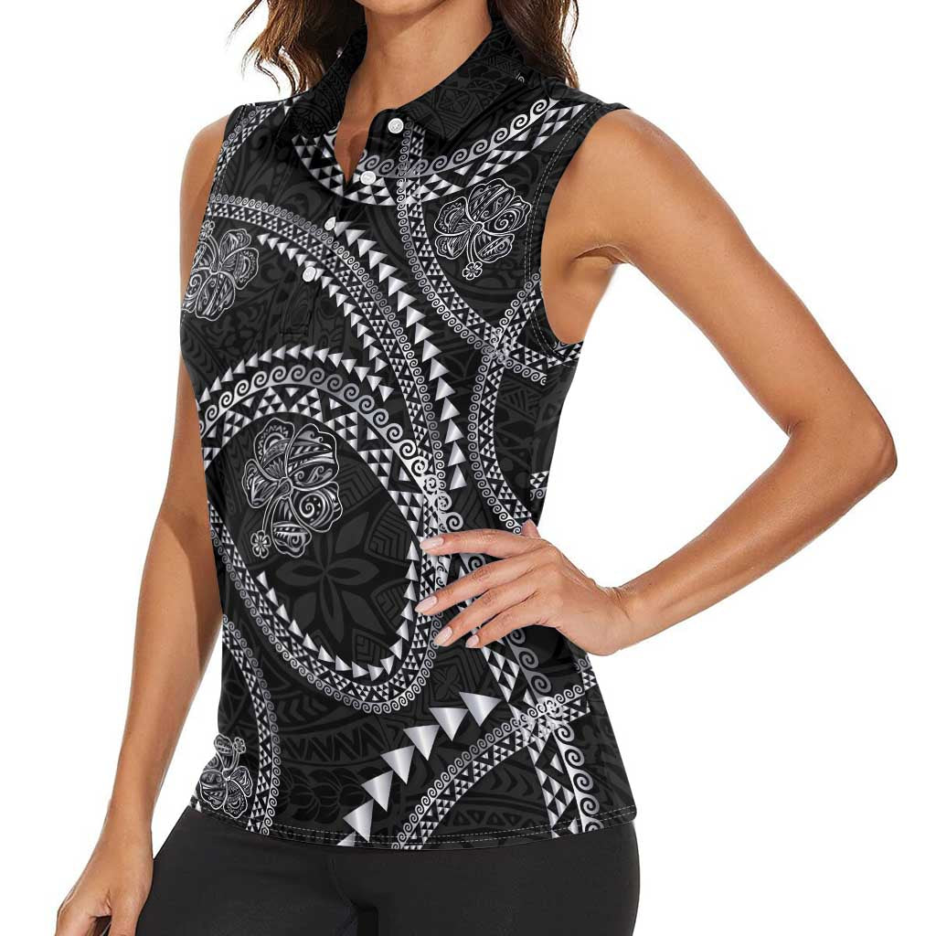 Hawaiian Kakau Art and Hisbiscus Tattoo Women Sleeveless Polo Shirt Tribal Pattern-Silver Style - Polynesian Pride