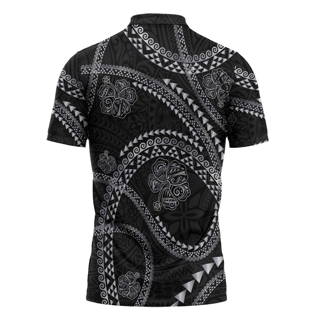 Hawaiian Kakau Art and Hisbiscus Tattoo Zipper Polo Shirt Tribal Pattern-Silver Style - Polynesian Pride
