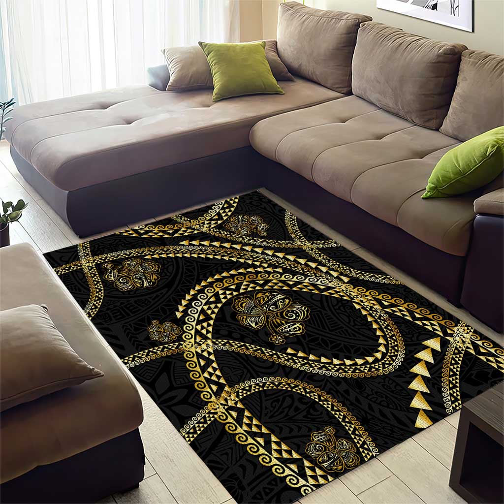 Hawaiian Kakau Art and Hisbiscus Tattoo Area Rug Tribal Pattern-Gold Style - Polynesian Pride
