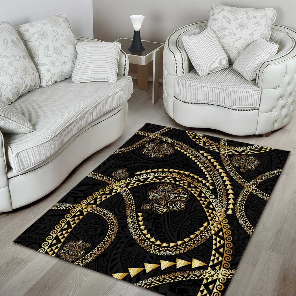 Hawaiian Kakau Art and Hisbiscus Tattoo Area Rug Tribal Pattern-Gold Style - Polynesian Pride