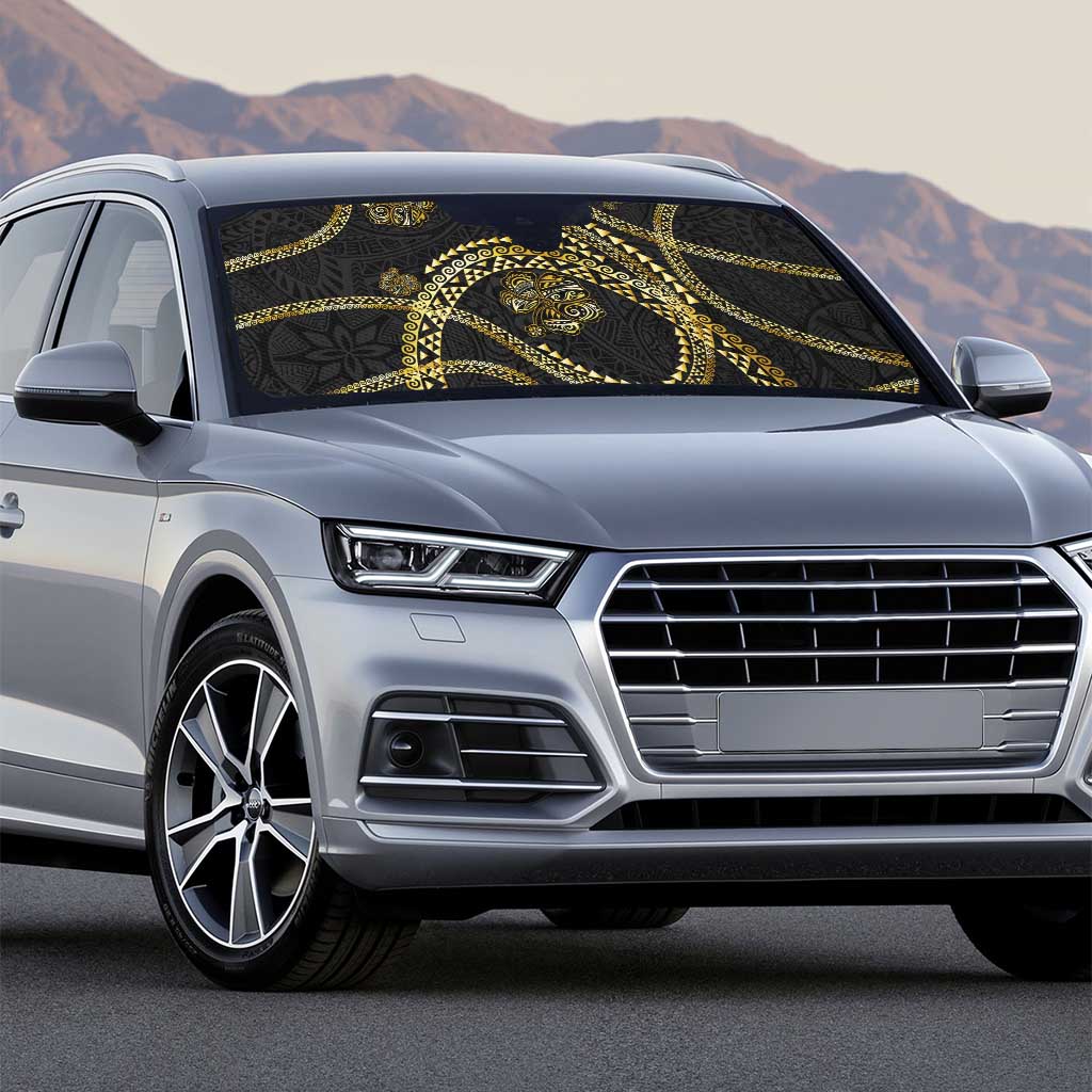 Hawaiian Kakau Art and Hisbiscus Tattoo Auto Sun Shade Tribal Pattern-Gold Style - Polynesian Pride