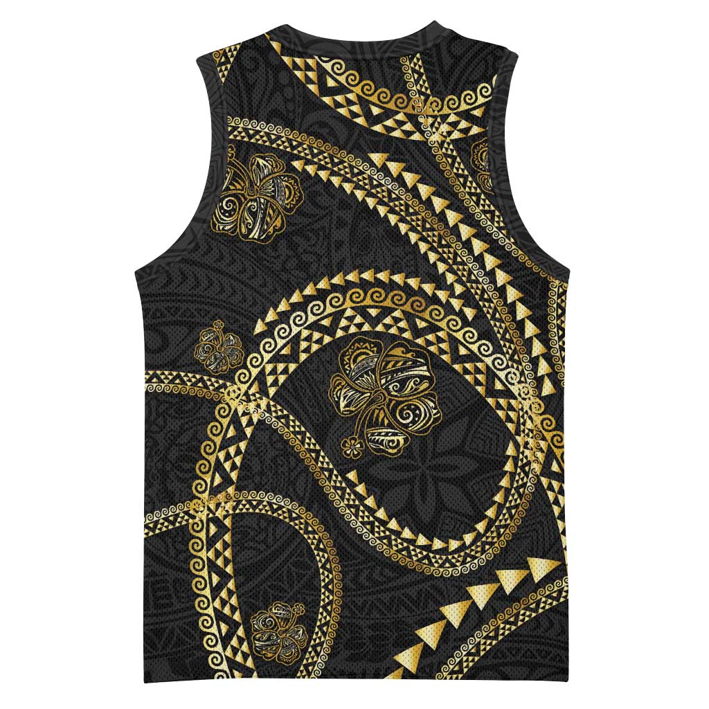Hawaiian Kakau Art and Hisbiscus Tattoo Basketball Jersey Tribal Pattern-Gold Style - Polynesian Pride