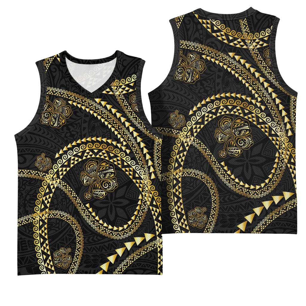 Hawaiian Kakau Art and Hisbiscus Tattoo Basketball Jersey Tribal Pattern-Gold Style - Polynesian Pride