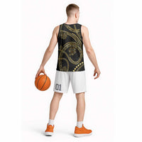 Hawaiian Kakau Art and Hisbiscus Tattoo Basketball Jersey Tribal Pattern-Gold Style - Polynesian Pride