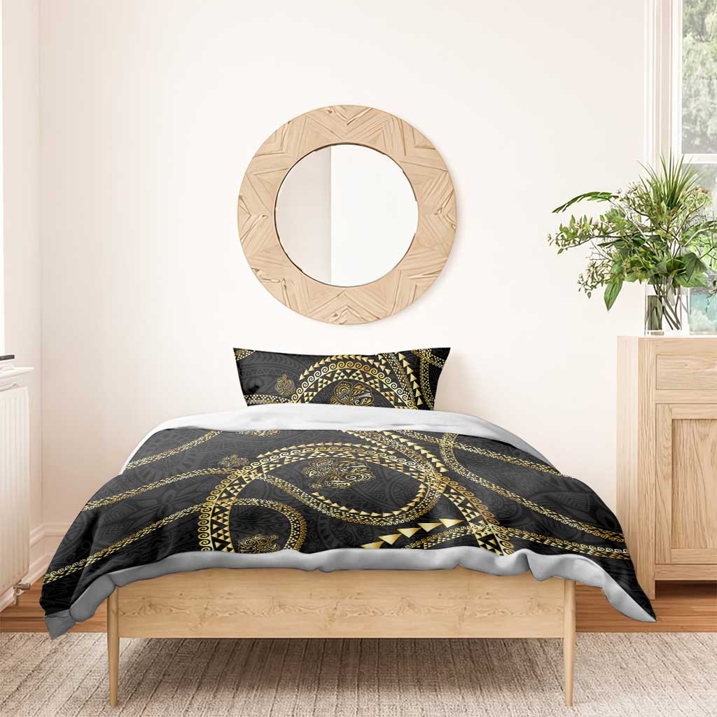 Hawaiian Kakau Art and Hisbiscus Tattoo Bedding Set Tribal Pattern-Gold Style - Polynesian Pride