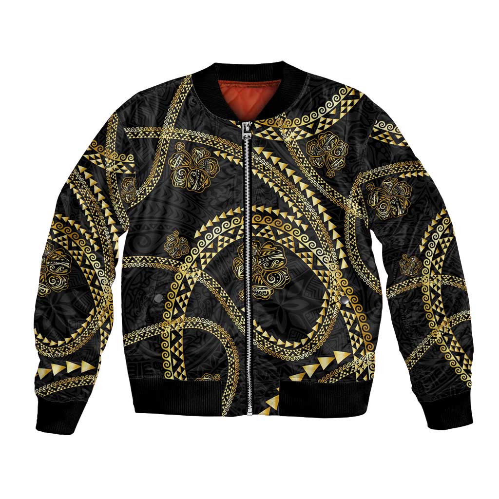 Hawaiian Kakau Art and Hisbiscus Tattoo Bomber Jacket Tribal Pattern-Gold Style - Polynesian Pride