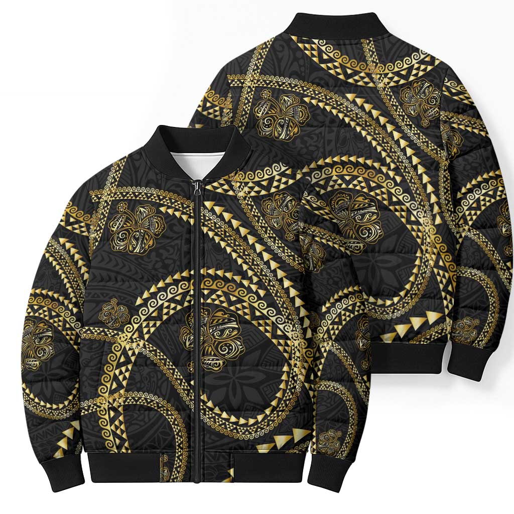 Hawaiian Kakau Art and Hisbiscus Tattoo Bomber Puffer Jacket Tribal Pattern-Gold Style - Polynesian Pride