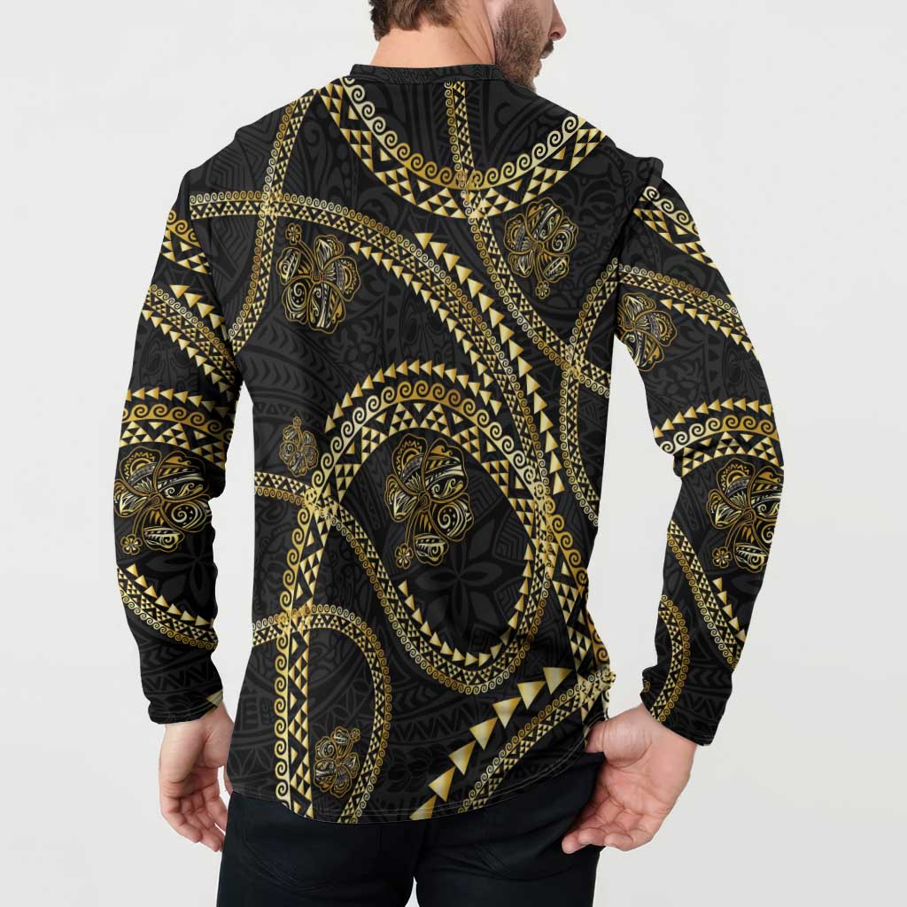 Hawaiian Kakau Art and Hisbiscus Tattoo Button Sweatshirt Tribal Pattern-Gold Style - Polynesian Pride