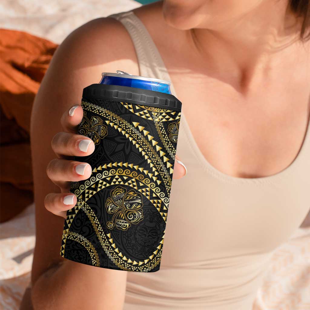 Hawaiian Kakau Art and Hisbiscus Tattoo 4 in 1 Can Cooler Tumbler Tribal Pattern-Gold Style - Polynesian Pride