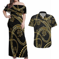 Hawaiian Kakau Art and Hisbiscus Tattoo Couples Matching Off Shoulder Maxi Dress and Hawaiian Shirt Tribal Pattern-Gold Style - Polynesian Pride