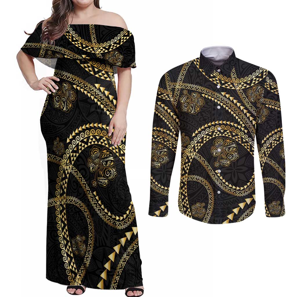 Hawaiian Kakau Art and Hisbiscus Tattoo Couples Matching Off Shoulder Maxi Dress and Long Sleeve Button Shirt Tribal Pattern-Gold Style - Polynesian Pride