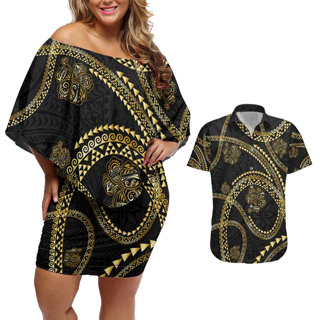 Hawaiian Kakau Art and Hisbiscus Tattoo Couples Matching Off Shoulder Short Dress and Hawaiian Shirt Tribal Pattern-Gold Style - Polynesian Pride