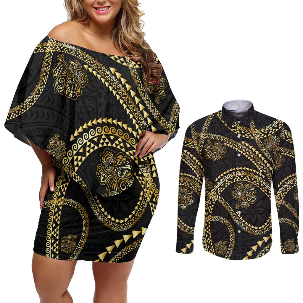 Hawaiian Kakau Art and Hisbiscus Tattoo Couples Matching Off Shoulder Short Dress and Long Sleeve Button Shirt Tribal Pattern-Gold Style - Polynesian Pride