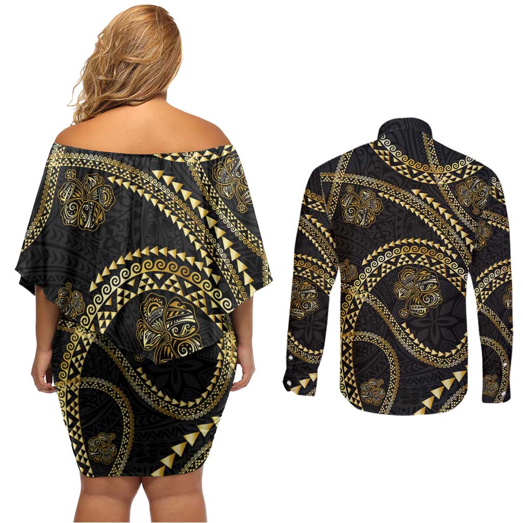 Hawaiian Kakau Art and Hisbiscus Tattoo Couples Matching Off Shoulder Short Dress and Long Sleeve Button Shirt Tribal Pattern-Gold Style - Polynesian Pride