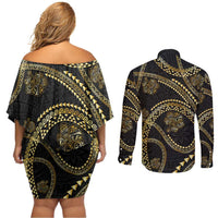 Hawaiian Kakau Art and Hisbiscus Tattoo Couples Matching Off Shoulder Short Dress and Long Sleeve Button Shirt Tribal Pattern-Gold Style - Polynesian Pride
