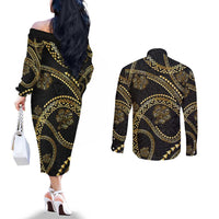 Hawaiian Kakau Art and Hisbiscus Tattoo Couples Matching Off The Shoulder Long Sleeve Dress and Long Sleeve Button Shirt Tribal Pattern-Gold Style - Polynesian Pride