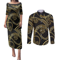 Hawaiian Kakau Art and Hisbiscus Tattoo Couples Matching Puletasi and Long Sleeve Button Shirt Tribal Pattern-Gold Style - Polynesian Pride