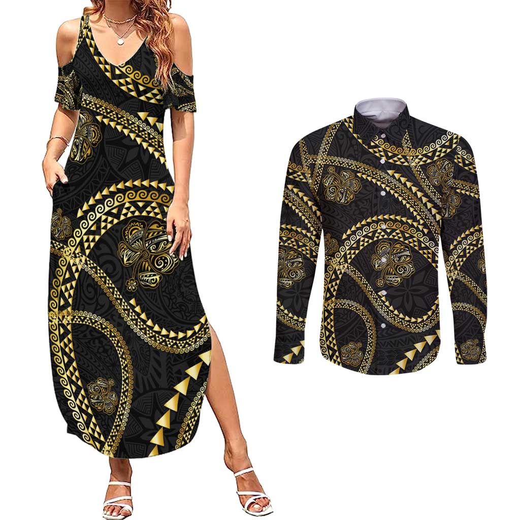 Hawaiian Kakau Art and Hisbiscus Tattoo Couples Matching Summer Maxi Dress and Long Sleeve Button Shirt Tribal Pattern-Gold Style - Polynesian Pride