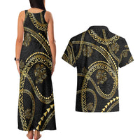 Hawaiian Kakau Art and Hisbiscus Tattoo Couples Matching Tank Maxi Dress and Hawaiian Shirt Tribal Pattern-Gold Style - Polynesian Pride