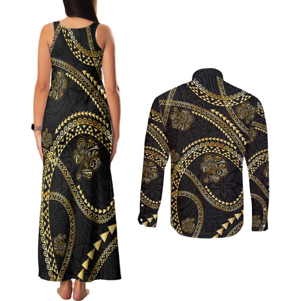 Hawaiian Kakau Art and Hisbiscus Tattoo Couples Matching Tank Maxi Dress and Long Sleeve Button Shirt Tribal Pattern-Gold Style - Polynesian Pride