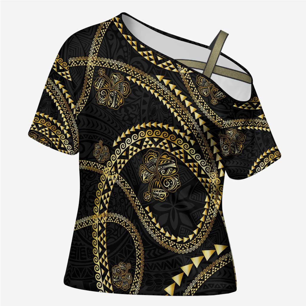 Hawaiian Kakau Art and Hisbiscus Tattoo Cross Shoulder Shirt Tribal Pattern-Gold Style - Polynesian Pride