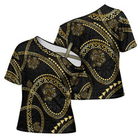 Hawaiian Kakau Art and Hisbiscus Tattoo Cross Shoulder Shirt Tribal Pattern-Gold Style - Polynesian Pride