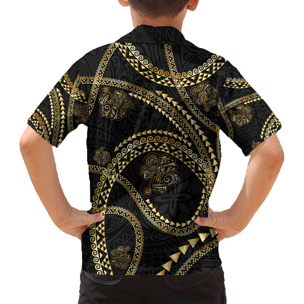 Hawaiian Kakau Art and Hisbiscus Tattoo Family Matching Long Sleeve Bodycon Dress and Hawaiian Shirt Tribal Pattern-Gold Style - Polynesian Pride