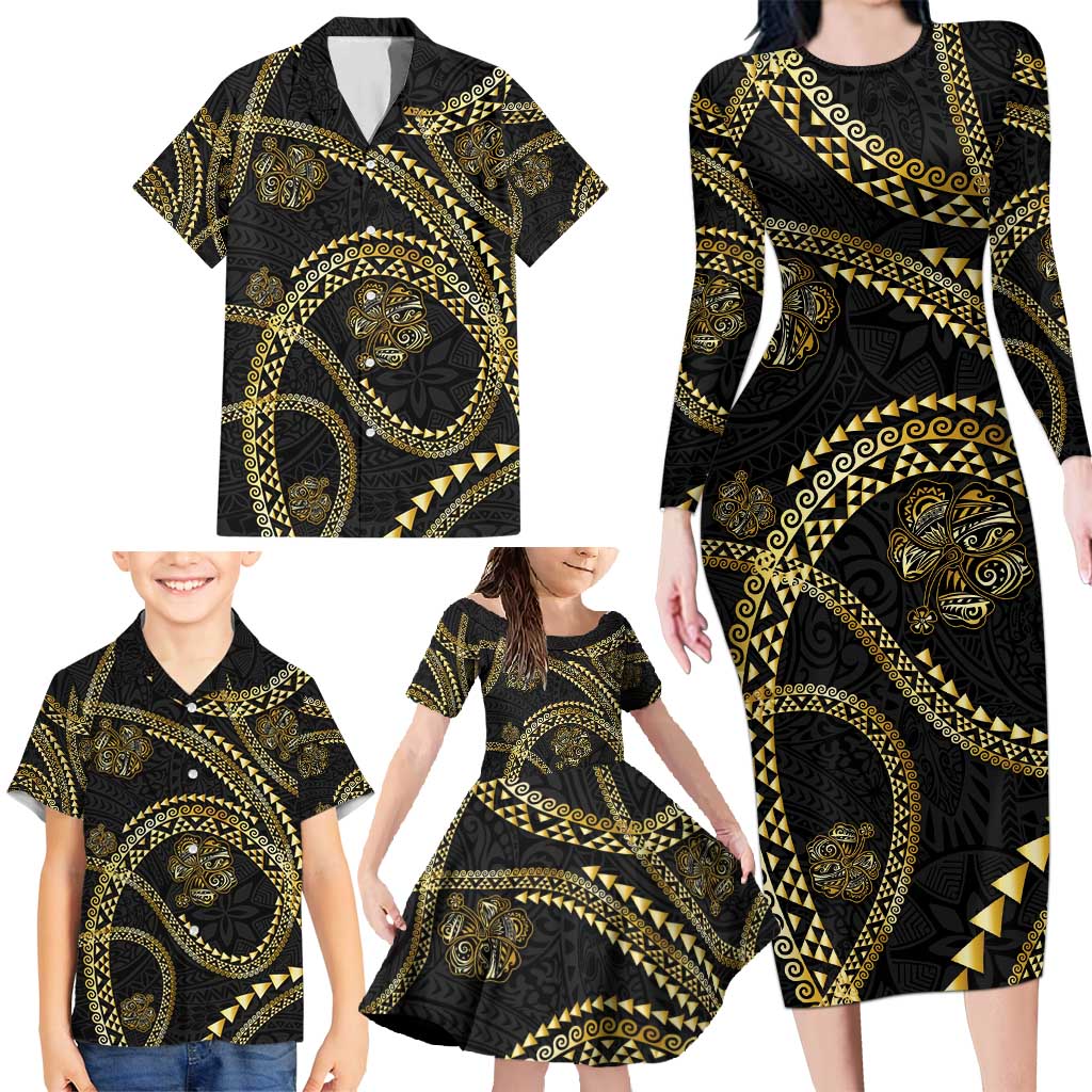 Hawaiian Kakau Art and Hisbiscus Tattoo Family Matching Long Sleeve Bodycon Dress and Hawaiian Shirt Tribal Pattern-Gold Style - Polynesian Pride