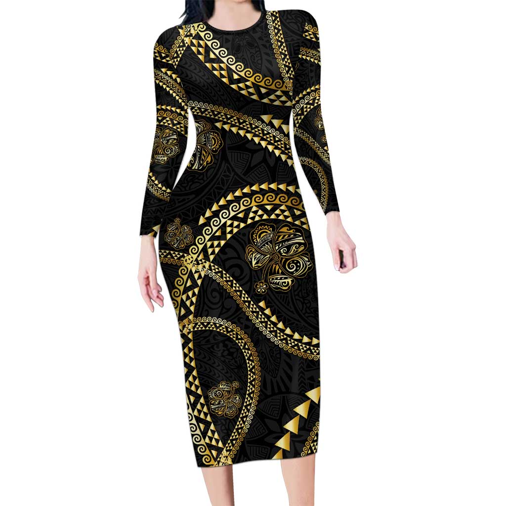Hawaiian Kakau Art and Hisbiscus Tattoo Family Matching Long Sleeve Bodycon Dress and Hawaiian Shirt Tribal Pattern-Gold Style - Polynesian Pride