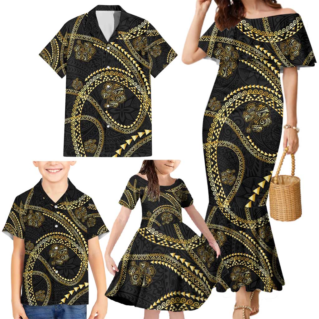 Hawaiian Kakau Art and Hisbiscus Tattoo Family Matching Mermaid Dress and Hawaiian Shirt Tribal Pattern-Gold Style - Polynesian Pride