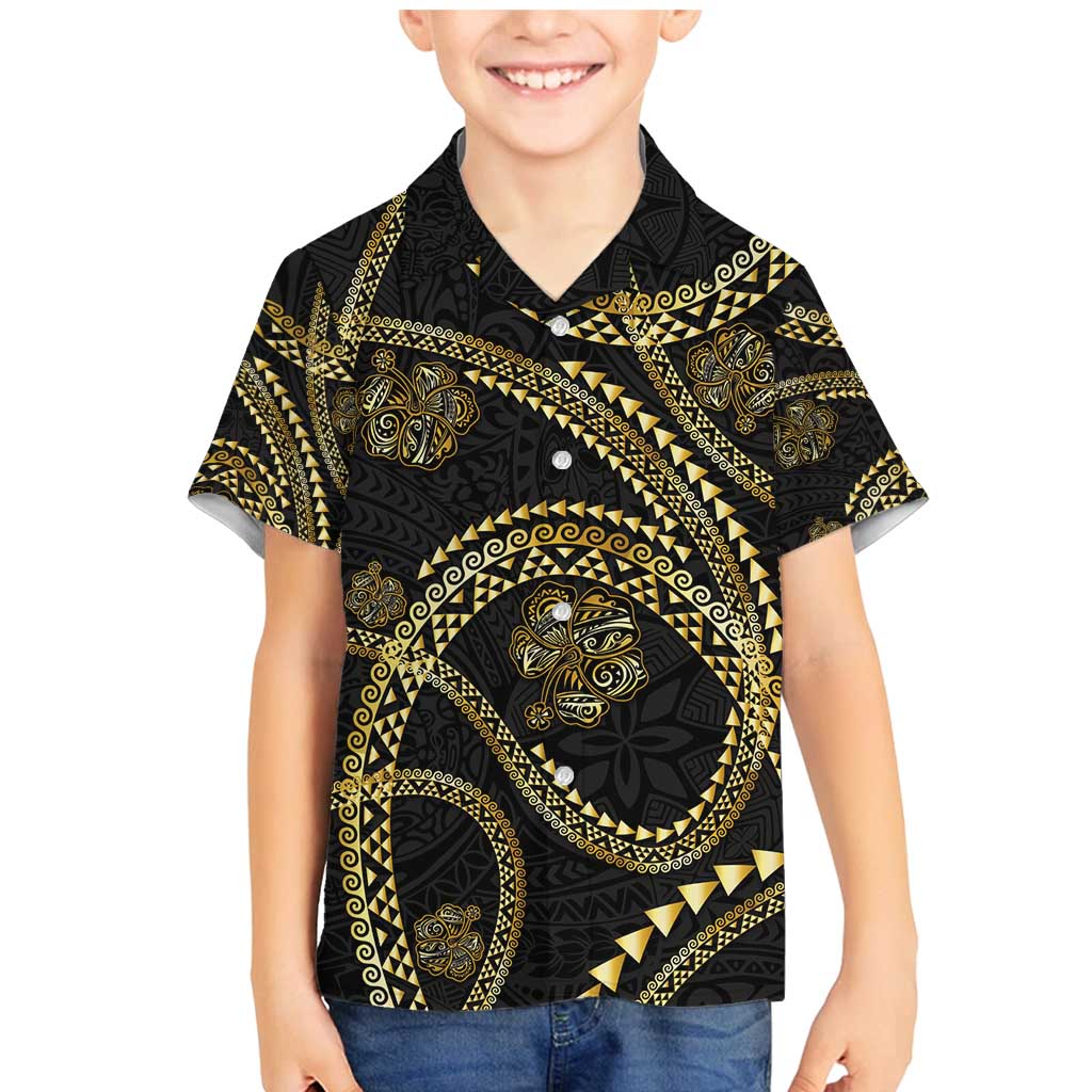 Hawaiian Kakau Art and Hisbiscus Tattoo Family Matching Mermaid Dress and Hawaiian Shirt Tribal Pattern-Gold Style - Polynesian Pride
