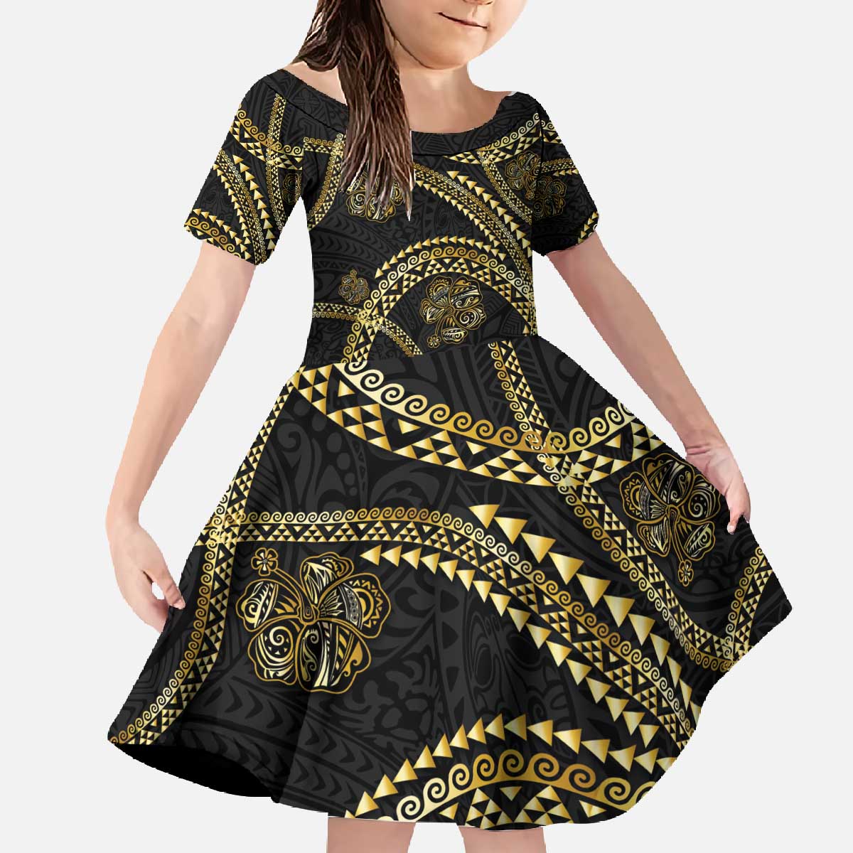 Hawaiian Kakau Art and Hisbiscus Tattoo Family Matching Off The Shoulder Long Sleeve Dress and Hawaiian Shirt Tribal Pattern-Gold Style - Polynesian Pride